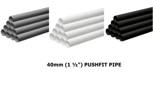 40mm Pushfit Waste Pipe 1 Metre Length Plastic Kitchen Bathroom GREY WHITE BLACK