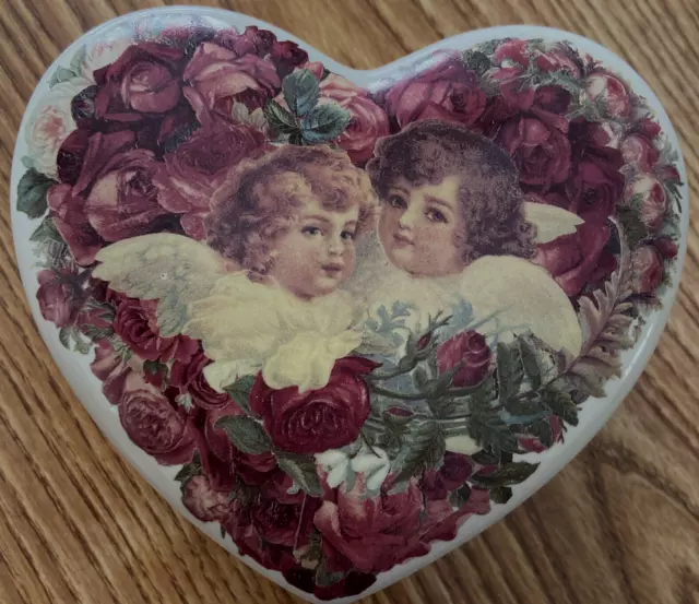 Vintage Teleflora Ceramic Heart Shaped Jewelry Trinket Box w Lid Angels Thailand