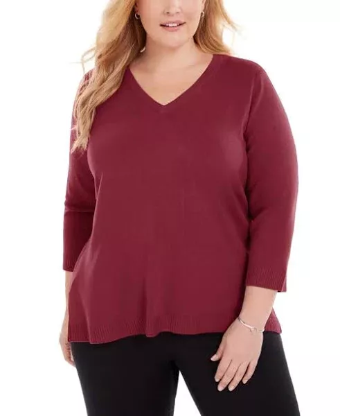 Karen Scott Luxsoft V-Neck Sweater Plus Size 1X Merlot