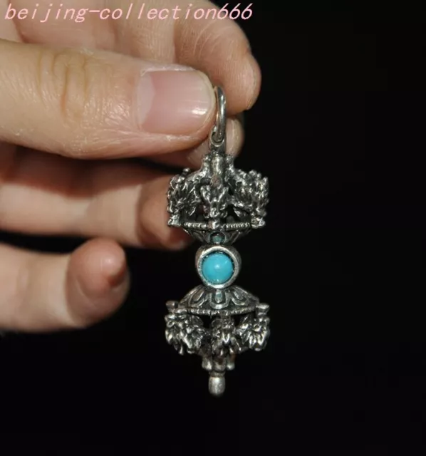 2" Tibet Tibetan silver Inlay gem ExorcismDorje Vajra phurpa faqi dagger Pendant