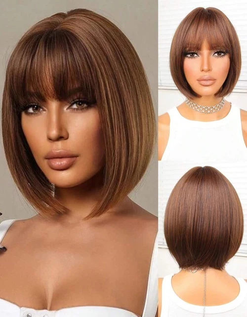 Perruque Courte Style Pixie - Coupe Courte, Frange, Cheveux Lisse Synthétique Brun Foncé