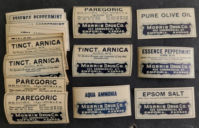 30pc antique MEDICINE BOTTLE LABLES empora ks MORRIS DRUG Co apothecary NOS