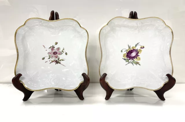 Pair Antique Chamberlain Worcester Relief Molded Floral Dessert Dishes, c 1820s