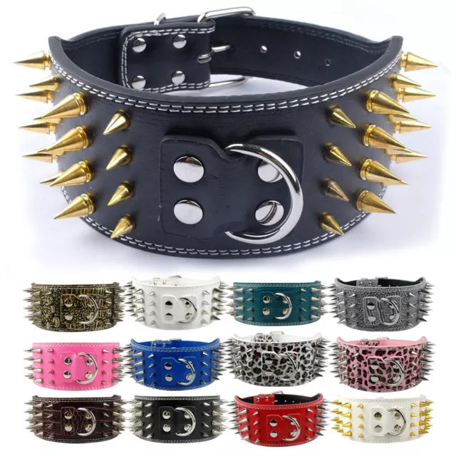 Adjustable PU Leather Pet Dog Collar 3" Extra Wide Spiked Rivet Studded Large