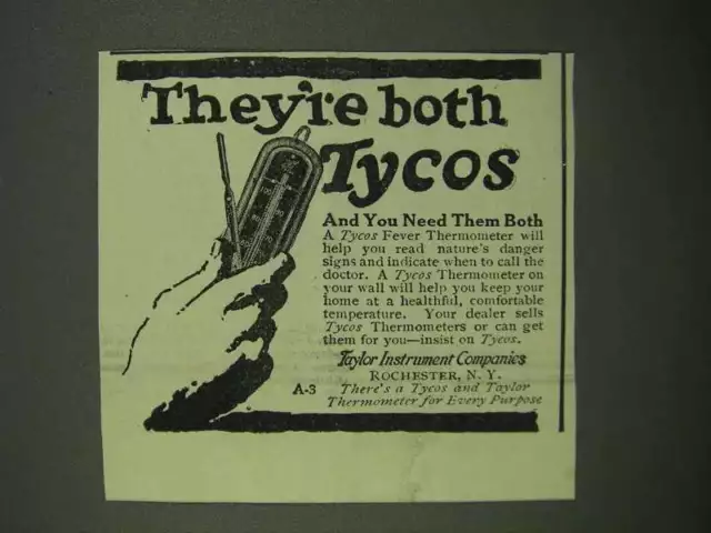 1920 Taylor Instrument Tycos Thermometers Ad - Both