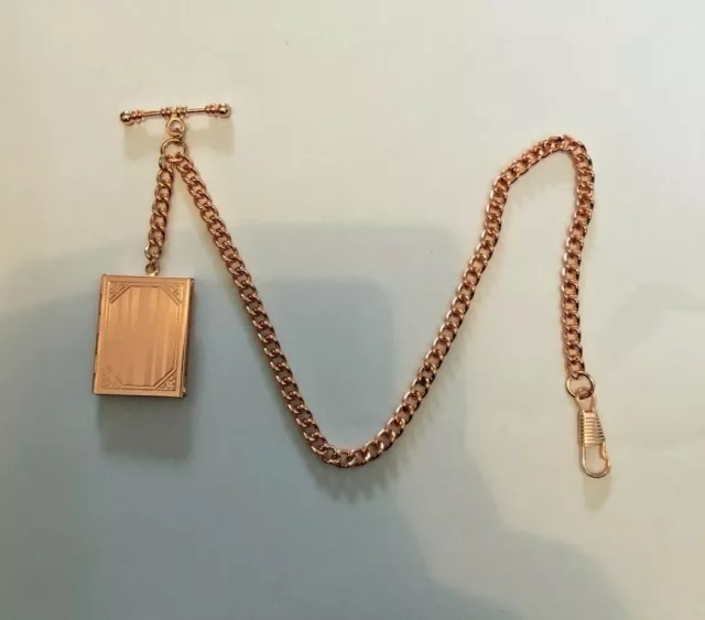 unusual single albert rose gold plated pocket watch chain fob t bar locket book