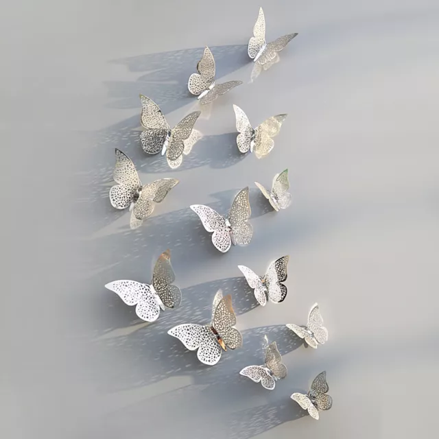 12 Pièces Lot 3D Stickers Papillon Effet Métallique Argent Ref:SB Décoration mur