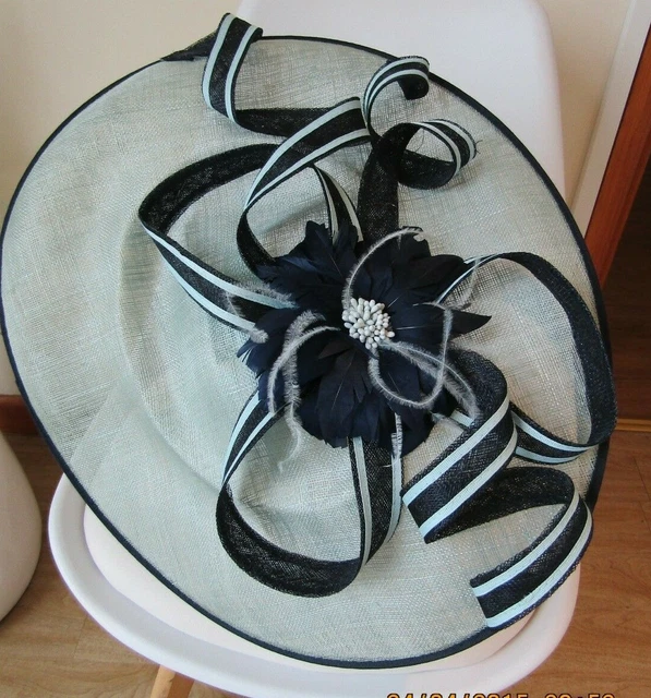 JACQUES VERT MINT/NAVY Feathered Flower Loop Disc Hat Fascinator
