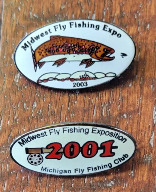 VINTAGE 2001 & 2003 Midwest Fly Fishing Expo Enamel Hat / Lapel / Vest ...