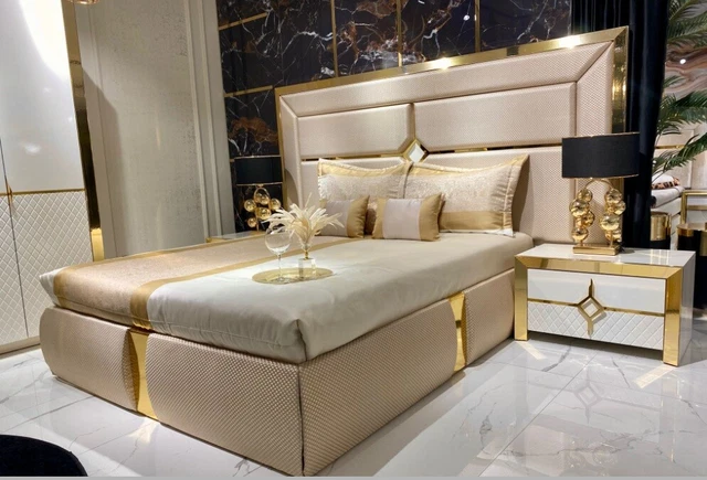 Luxe Chambre Set Lit + 2x Table de Chevet Noble Hôtel Meuble Aménagement Lits