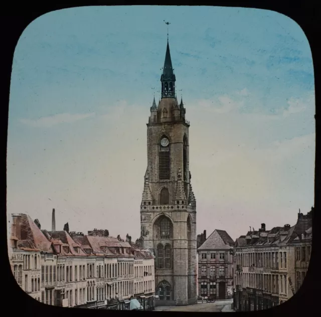 ANTIQUE Magic Lantern Slide TOURNAI THE BELFRY C1888 VICTORIAN PHOTO BELGIUM