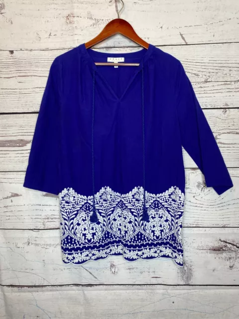 Chaus New York Womens Blue V Neck Embroidered Drawstring Blouse Top SZ M