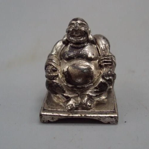 VINTAGE JAPANESE MINI Statue Figurine Buddha Laughing Silver Plated