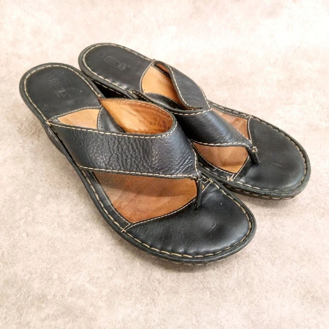 Born Womens Size 10 Black Thong T-Strap 2" Wedge Heels Sandals