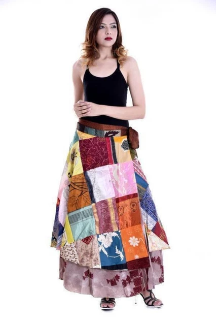 Vintage Seta Sari Magia Avvolgente Fronzoli Gonne Abito Indiano Patchwork Gonna