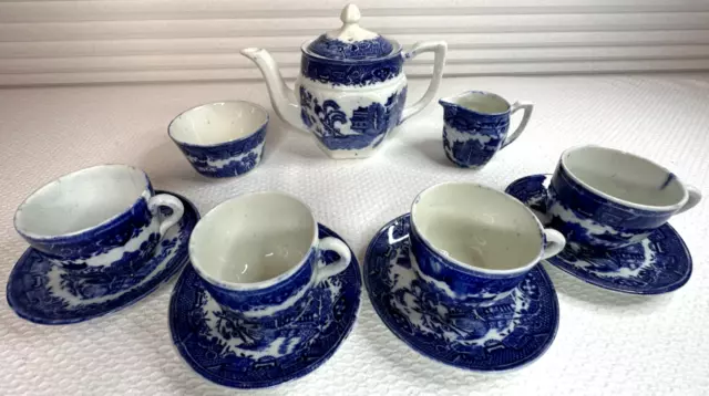 c 1880 Aynsley Child's Flow Blue ‘WILLOW’ Tea Set Staffordshire Miniature