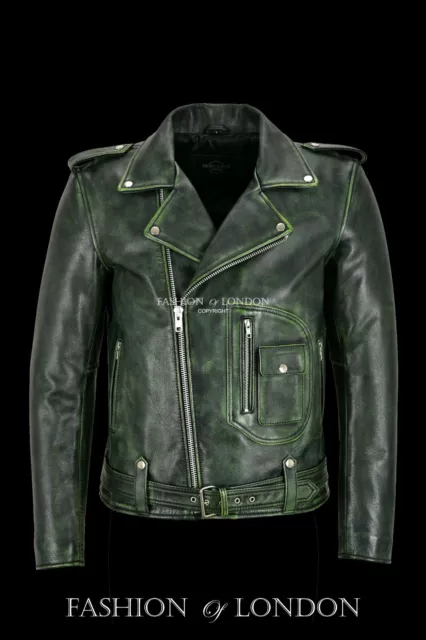 Men's Real Leather Riding Jacket Green Vintage Thick Cowhide Brando Biker Style