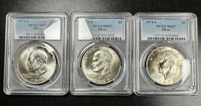 Lot of 3 PCGS MS67 Eisenhower Silver Dollars 1972-S, 1973-S, 1974-S Superb Gem