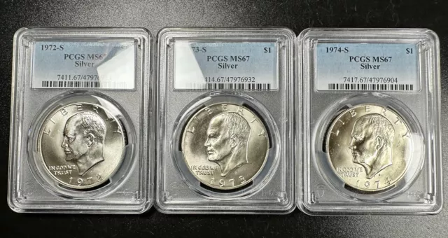 Lot of 3 PCGS MS67 Eisenhower Silver Dollars 1972-S, 1973-S, 1974-S Superb Gem Lot of 3 PCGS MS67 Eisenhower Silver Dollars 1972-S, 1973-S, 1974-S Superb Gem