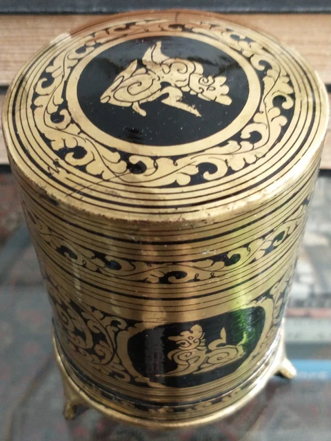 Antique Burmese Black & Gold Lacquer Betel Nut Cigarette Box Vtg Myanmar Shwezar 10