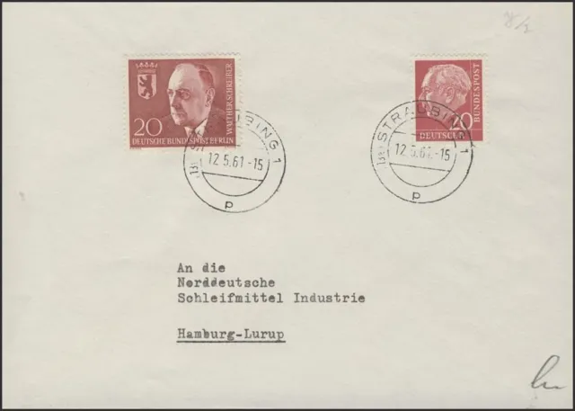185x Heuss 20 Pf MiF with Berlin 192 Walther Schreiber, Letter Straubing 12.5.61