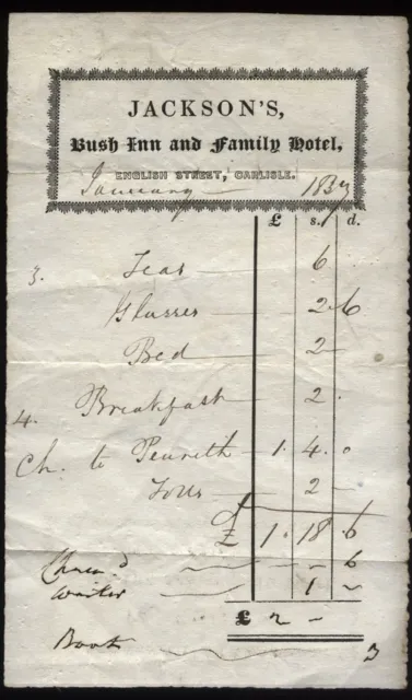 1837 CARLISLE rare BUSH INN & FAMILY HOTEL - JACKSON'S Coaching Inn Receipt