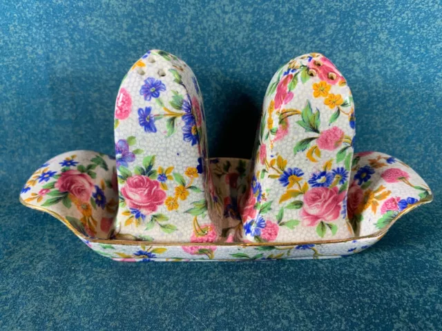 Royal Winton Old Cottage Chintz 3 Piece Salt and Pepper Shaker Set with Tray