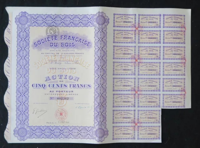 Action 1928 SOCIETE FRANCAISE DU BOIS PARIS  titre bond share 5