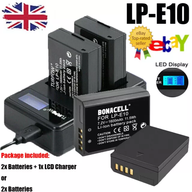 2X Battery for Canon EOS 1100, 1200D, 1300D, 2000D, 4000D - LP-E10 + LCD Charger