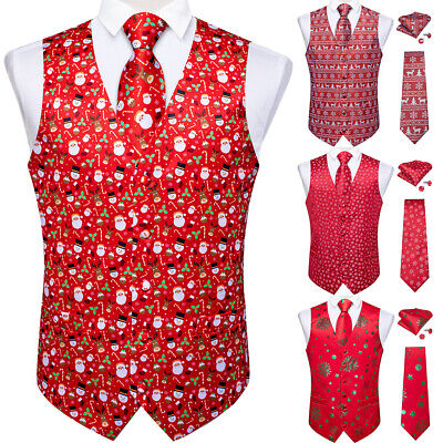 Mens Dress Vest Suit Tie Hanky Set Christmas Waistcoat Paisley Snowman Xmas Part