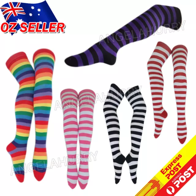 Over The Knee High Socks Striped Ladies Girls Women Cheerleader Pair Stripe NEW