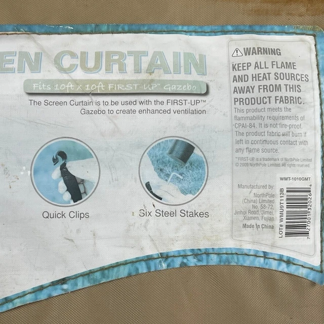 First-Up Screen Curtain For Gazebo 10'x10' Includes Quick Clips Six Steel Stakes 2