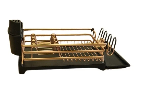 Compact Aluminum Dish Drying Rack: Adjustable Swivel Spout, Rose Gold BLK L6.58