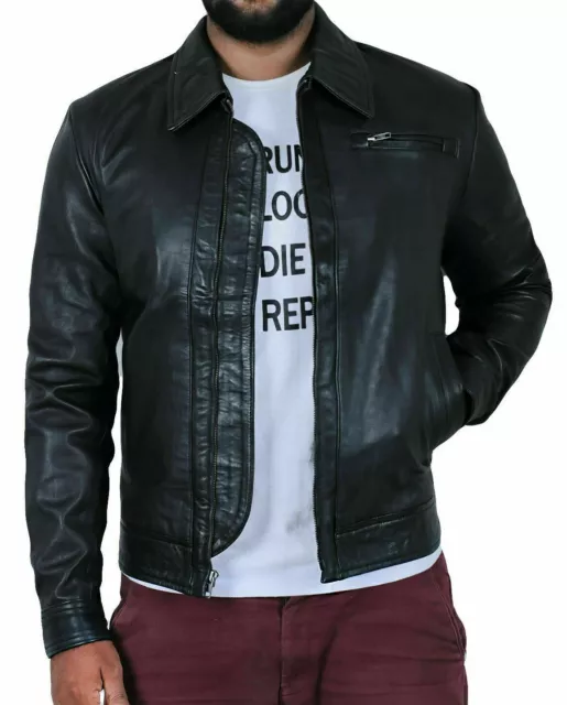 Nwt Uomo Nero Pelle Giacca 100% Morbida D'Agnello Nappa Moto Biker