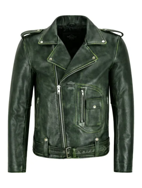 Men's Biker Jacket Green Vintage Brando Style Thick Cowhide Riding Jacket Aster