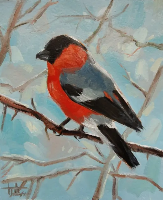 Original oil painting Bird Bullfinch 6x5 inches Impressionism Hand painted