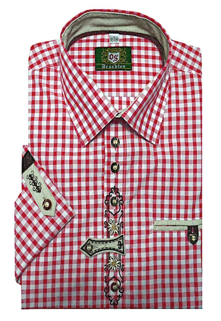 Trachtenhemd rot weiß kariert mit Stickerei und Krempelarm TH-0252 Regular Fit