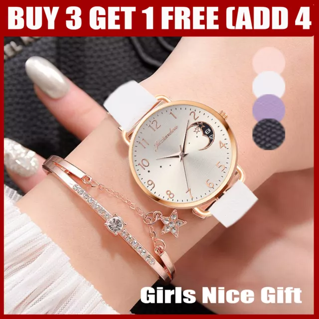 Ladies Womens Girls Watch+Bracelet Fashion Leather Strap Quartz Wristwatch Gift