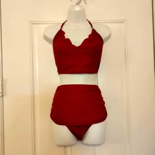 Zaful two piece red swimsuit with scalloped edge around bust- women size 12