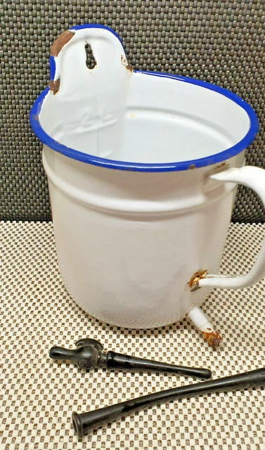 Antik Pressol Klistier 2L Emaille Weiß Farblicher -blau Deko Vintage Sammlung 2