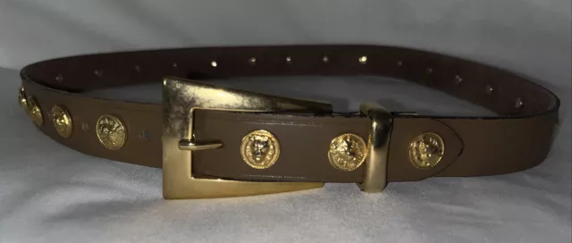 The Limited Vintage Tan Leather Gold Lion Heads Studs Belt Womens Size Small Y2K