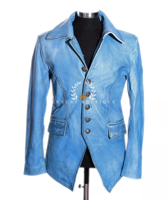 Lucifer Stonewashed Blue Men's Smart Gothic Lambskin Leather Blazer Shirt Jacket