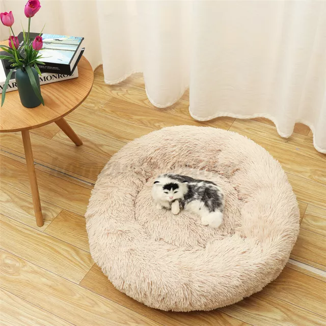 Round Plush Donut Bed Pet Dog Cat Fur Cuddler Warm Soft Puppy Calming B US