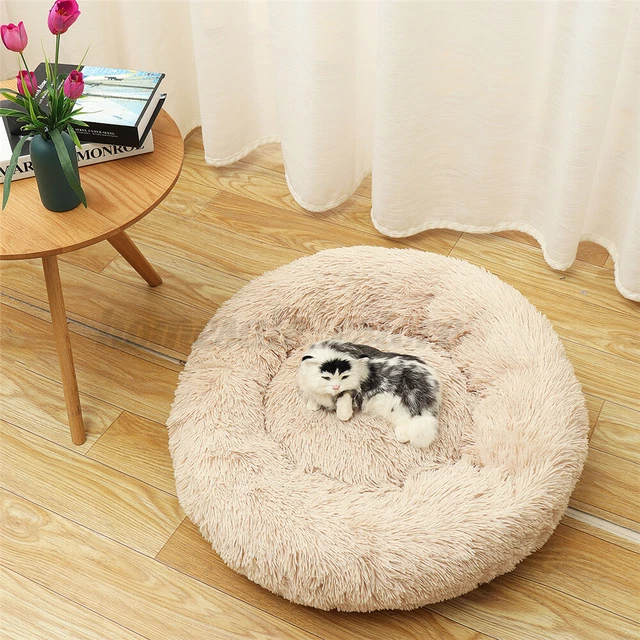 Round Plush Donut Bed Pet Dog Cat Fur Cuddler Warm Soft Puppy Calming B US