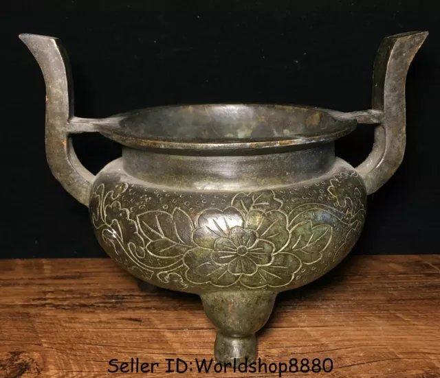 7.6" Xuande Marked Old China Bronze Dynasty Flower Handle Incense Burner Censer