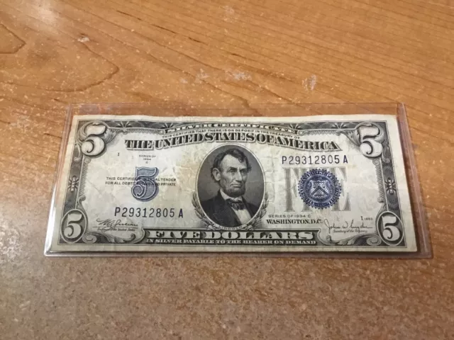 1934-C SERIES $5 Silver Certificate Blue Seal-2805 A