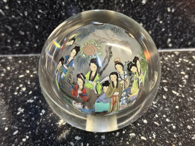 Chinese Hand Painted Reverse Art Glass Globe Paperweight  4.5" Ladies Garden 3