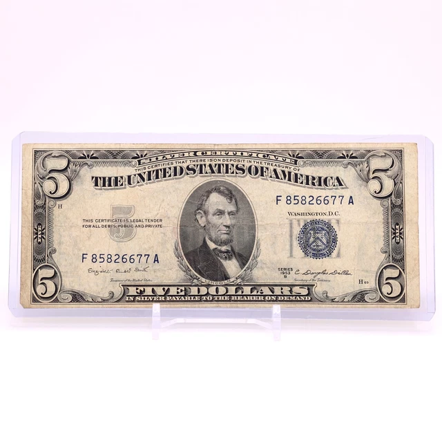 1953B $5 Five Dollar US Silver Certificate VINTAGE BLUE SEAL F1657 Smith Dillon