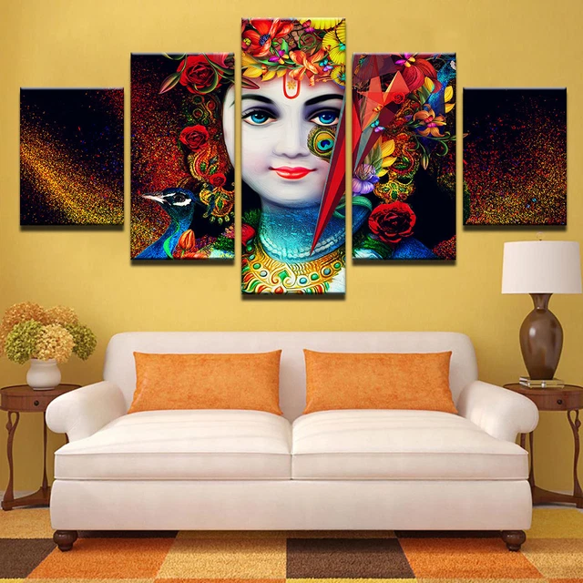 LORD RADHA KRISHNA Hindu God 5 Panel Canvas Print Wall Art Poster Home