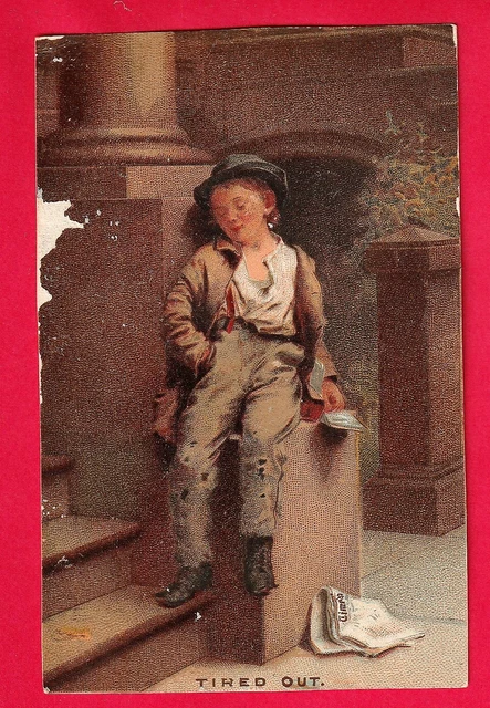 Young Newspaper Boy Tired out Pacific Tea Company Trade Card